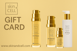 skin+CELL skincare products on a yellow background with 'GIFT CARD' text.